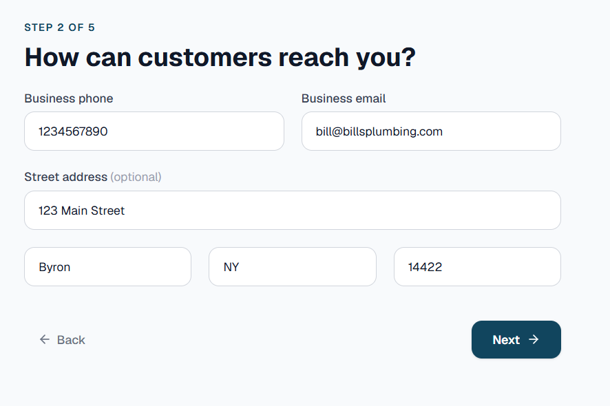 Step 2 of the Webpresa build wizard: business phone, email, and address