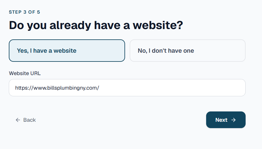 Step 3 of the Webpresa build wizard: do you already have a website